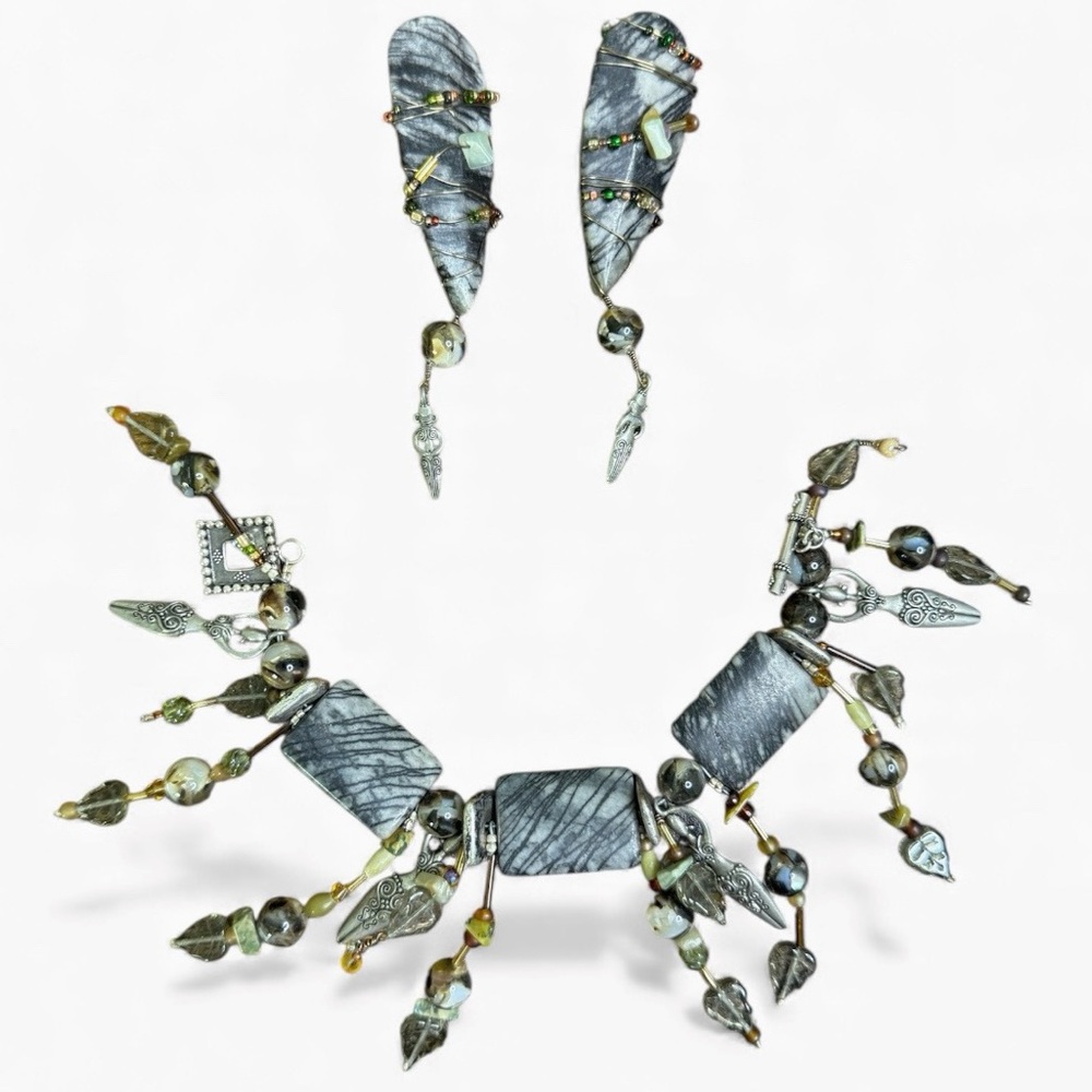 Picasso Jasper Bracelet and Earrings Set 925 Clasp Goddess of Fertility Warrior